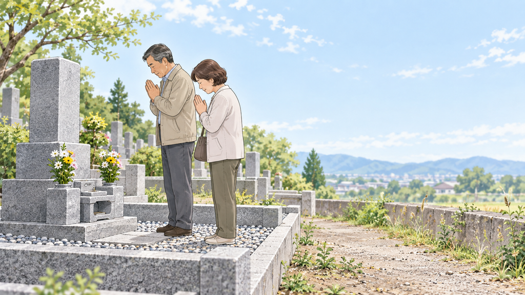 砂利を敷いてすっきりしたお墓の前で、夫婦が手を合わせてお参りしている様子。隣の区画には雑草が生えている