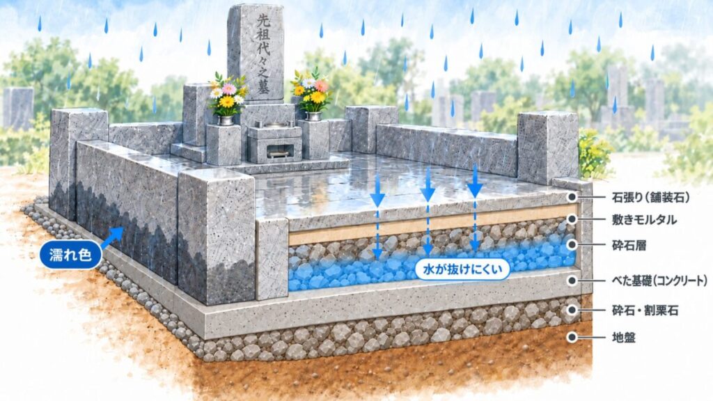 お墓の外柵の内側を全面石張りにした立体の断面イラスト。雨水が石張りの下の砕石層にたまって抜けにくく、外柵の石が水を吸って濡れ色になる。層は上から石張り、敷きモルタル、砕石層、べた基礎、砕石・割栗石、地盤