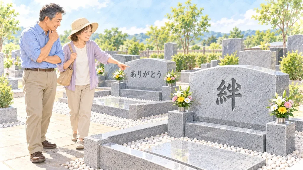 墓石の展示場で、「絆」「ありがとう」と彫られた洋型墓石を見て、刻む言葉を選ぶ夫婦