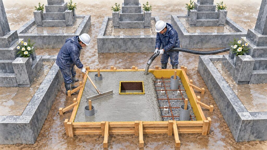 小雨の中、お墓の基礎の型枠に生コンを打ち込む作業員（カロートの下の四角い穴と、水抜きの塩ビ管）