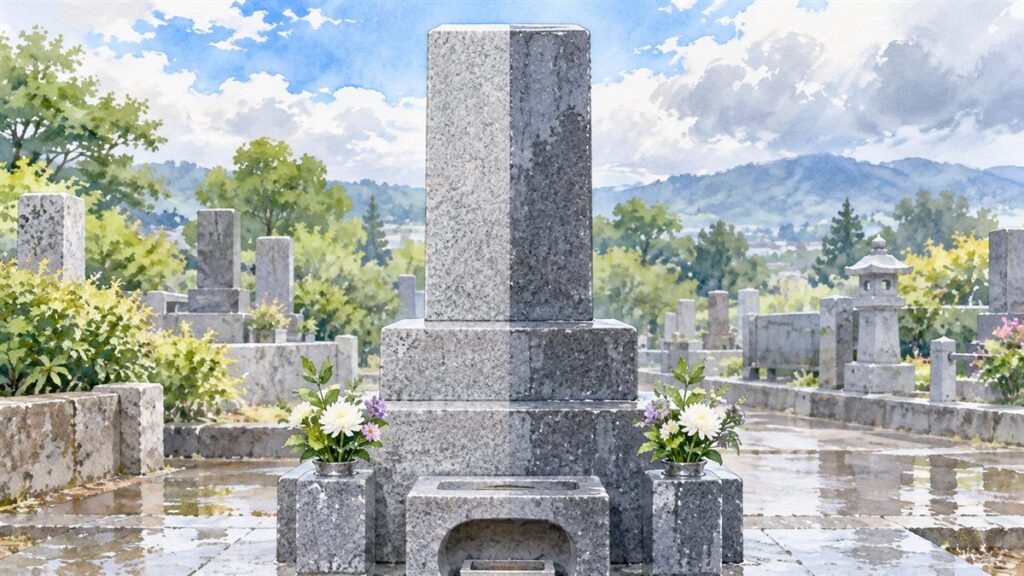 にわか雨のあと、右半分が濡れて濃い灰色、左半分が乾いて明るい灰色の和型の墓石の水彩イラスト（石が水を吸う様子）