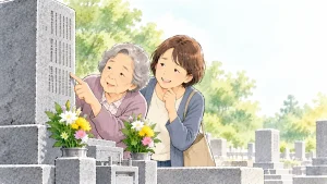 墓前で、お石塔の側面にびっしり刻まれた文字を前に、刻む場所がないと苦笑いする母と娘のイラスト
