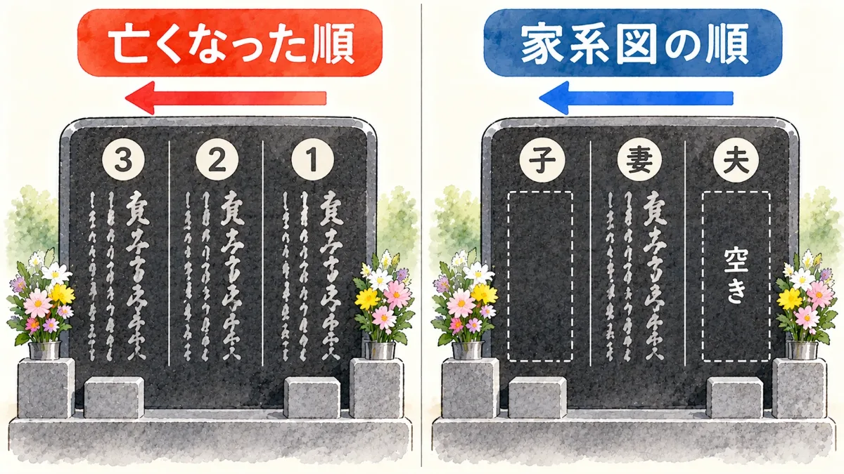 墓誌に名前を刻む順番を、亡くなった順と家系図の順で比べた図