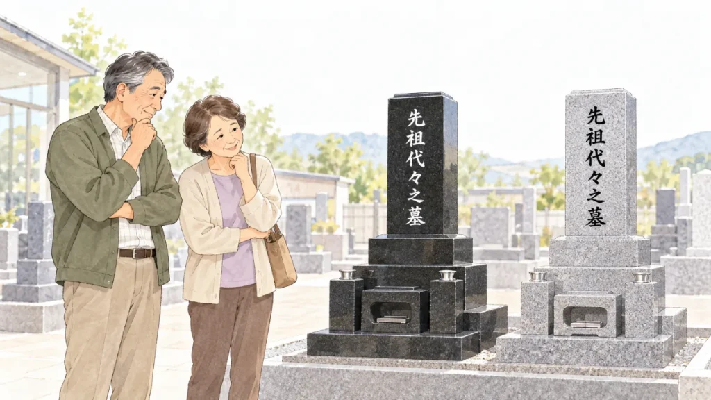 石材店の墓石展示場で、黒御影石に白文字、白御影石に黒文字の和型墓石を見比べて迷う60代の夫婦のイラスト