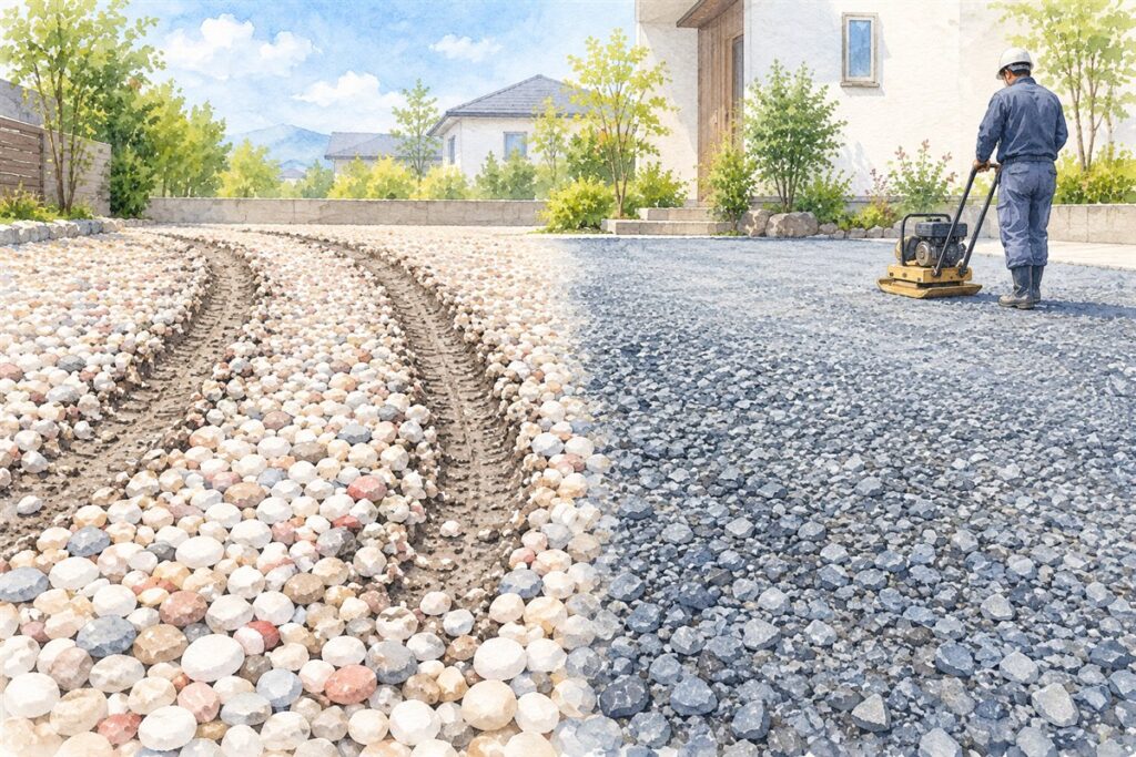 丸い砂利の駐車場は、わだちができて石が散らばり、右の砕石の駐車場は平らに締まり、作業員が転圧機をかけている水彩イラスト