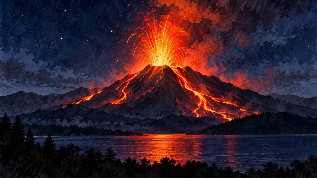 夜、火山の山頂から溶岩が噴き上がり、山肌を流れ下る水彩イラスト