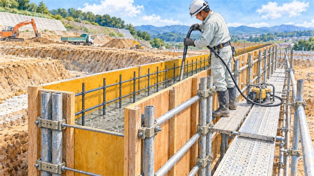 擁壁の型枠に打ち込んだ生コンに、作業員が棒状バイブレーターを真上から差し込んで締め固めている様子