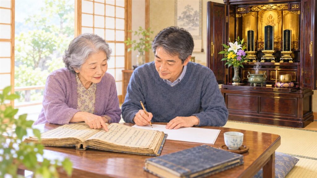明るい和室の仏壇の前で、お位牌と過去帳を見ながら先祖の戒名を書き写す家族