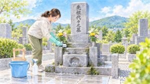 和型の墓石の前の参道で、ロングゴム手袋と保護メガネをつけた人が、やわらかいブラシで台石のコケを落としている