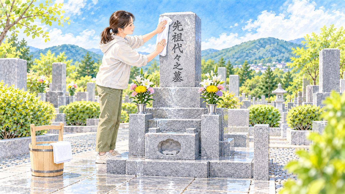 掃除を終えた和型の墓石を、新しい白い布(浄布)でやさしく上から拭いている