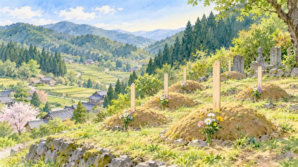 奈良県の山あいの村の土葬の墓地。盛り土の墓に白木の墓標が立ち、花が供えてある