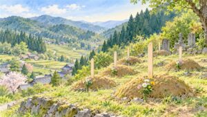奈良県の山あいの村の土葬の墓地。盛り土の墓に白木の墓標が立ち、花が供えてある