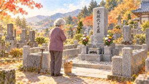 秋のお寺の墓地で、杖をついたおばあちゃんが、掃除した和型の先祖代々之墓に手を合わせている
