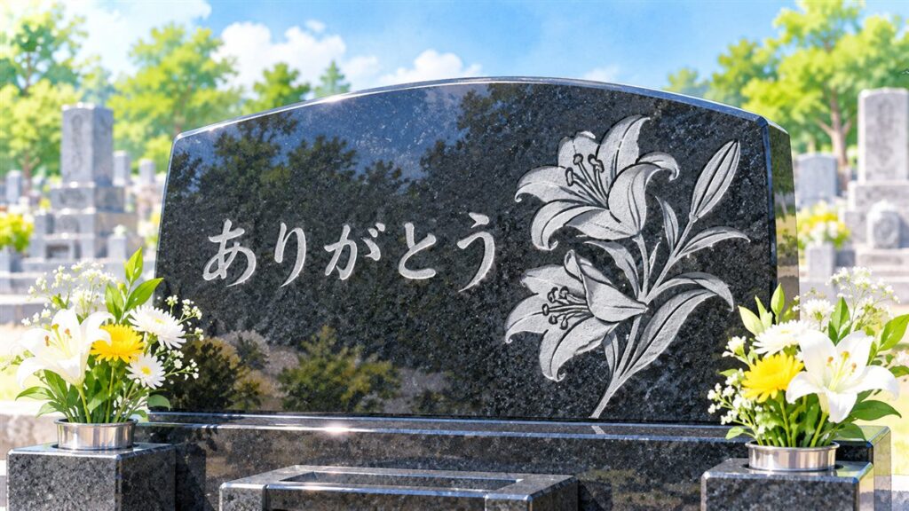 黒御影石の洋型墓石。正面に「ありがとう」の文字と、百合の花のイラストが白く彫られている