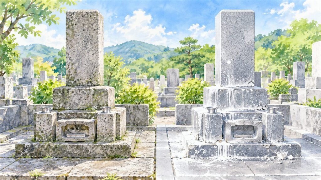 左は百年以上たって風格の出た古い墓石、右は台石に白い粉と白い筋が出て表面がポロポロ崩れた新しめの墓石