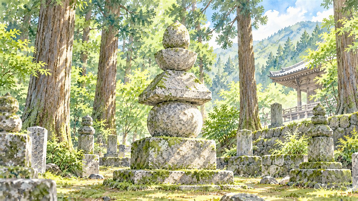 山あいのお寺の境内で、何百年もたって角が丸くなり苔がついた御影石の五輪塔