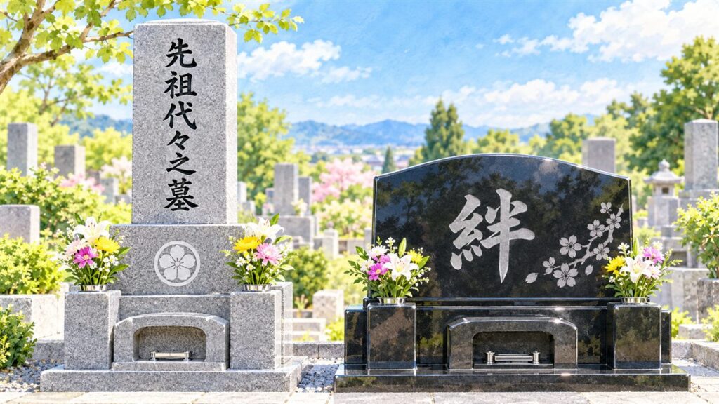 和型墓石と洋型墓石が並ぶ霊園。和型には縦書きの「先祖代々之墓」と家紋、洋型の黒御影石には「絆」と桜の彫刻