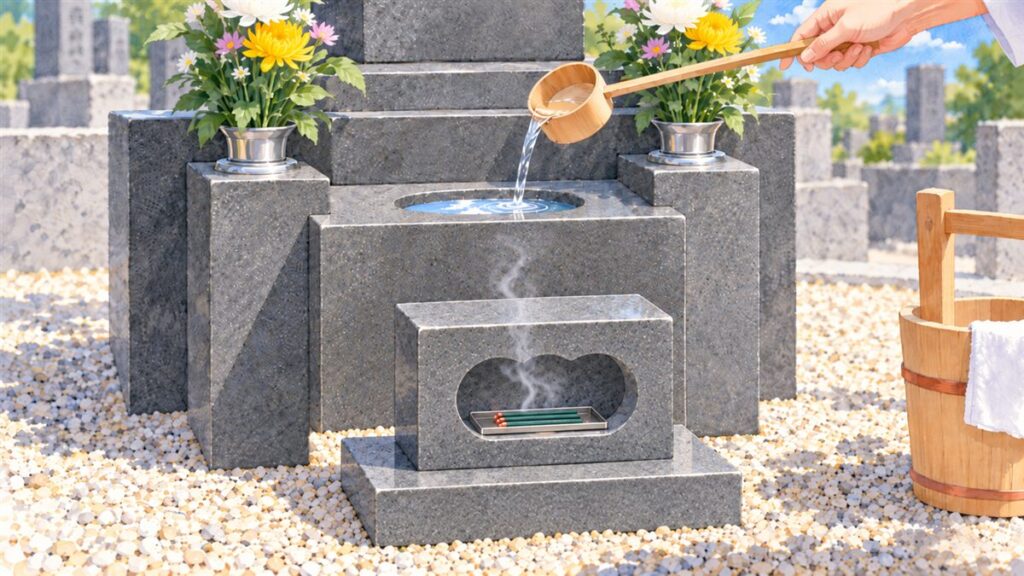 和型のお墓の切り出し水鉢に、ひしゃくで水を注ぐと、小さなくぼみの水面に青空が映る。左右に花立、手前に少し離して磨き仕上げの角香炉（中の線香皿に線香を寝かせて置く）