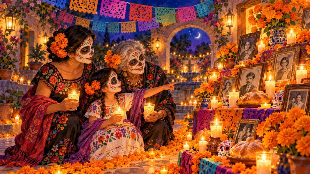 メキシコの死者の日の夜、ガイコツのフェイスペイントをした祖母・母・娘が、マリーゴールドとろうそく、家族写真を飾った祭壇（オフレンダ）の前でご先祖様を思い出している