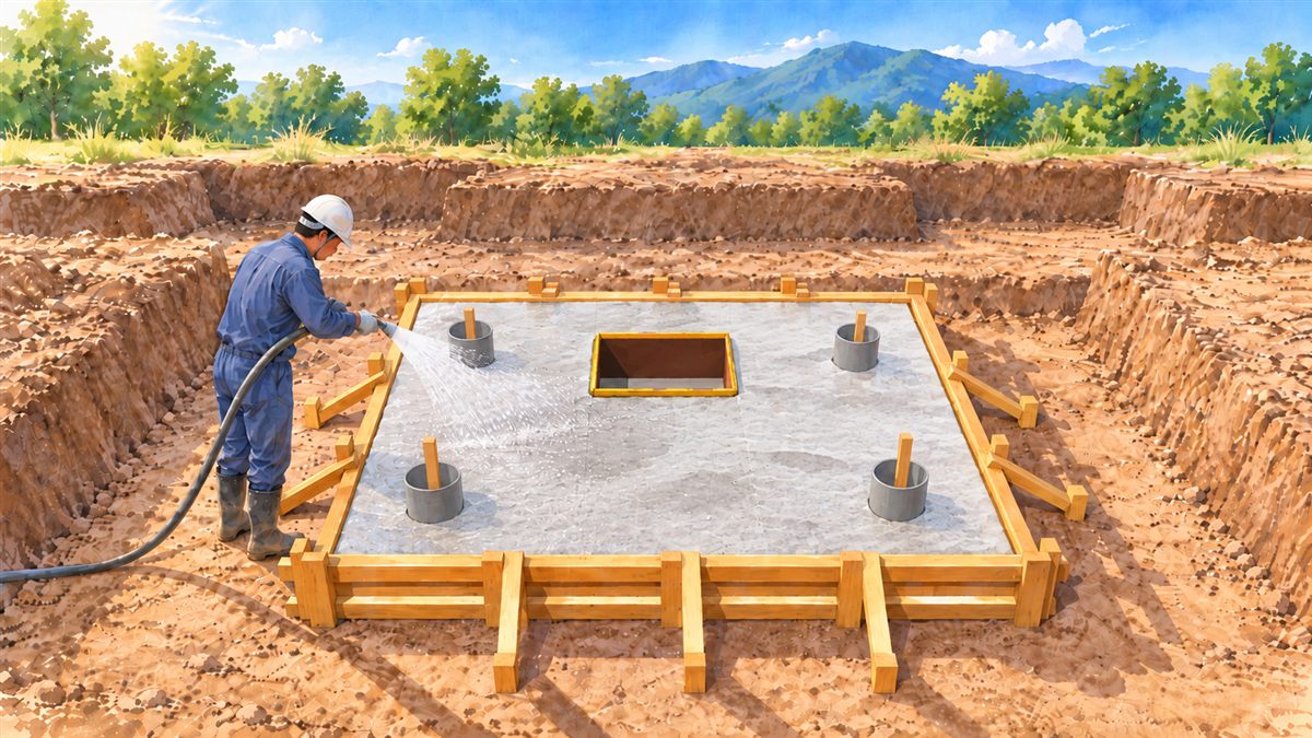 打ち終わったべた基礎に養生マットを敷き、ホースのシャワーでやさしく散水する作業員(カロートの下の四角い穴と、水抜きの塩ビ管)