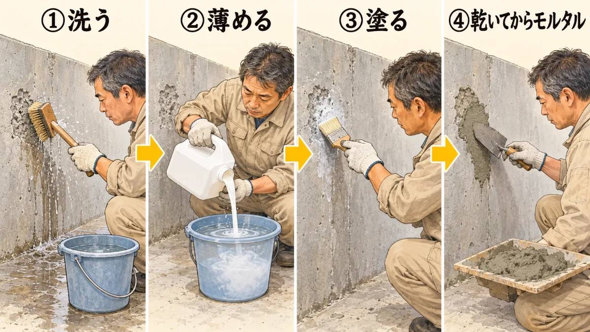 男性が、コンクリートの壁を、①洗い、②液を水で薄め、③刷毛で塗り、④乾いてからモルタルを塗り付ける、4つの手順