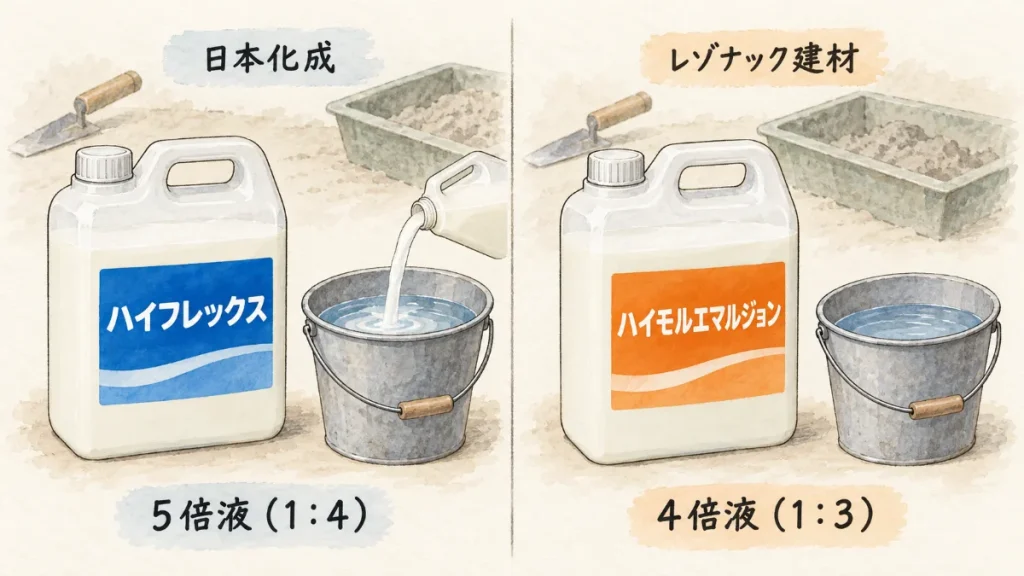 日本化成のハイフレックス（5倍液・1：4）と、レゾナック建材のハイモルエマルジョン（4倍液・1：3）の、同じ形の容器が並んでいる