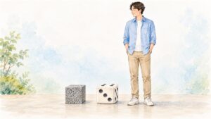 一辺30cmの御影石の立方体（約70kg）と同じ大きさのサイコロのぬいぐるみ、大人を並べて大きさを比べた水彩イラスト