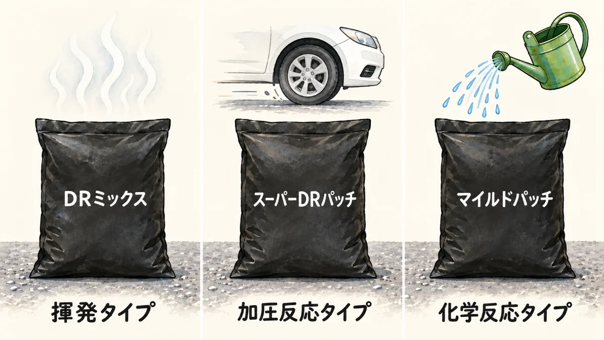 DRミックス(揮発タイプ)、スーパーDRパッチ(加圧反応タイプ)、マイルドパッチ(化学反応タイプ)の黒い袋が3つ並び、それぞれ、湯気、走る車のタイヤ、じょうろの水が添えられている