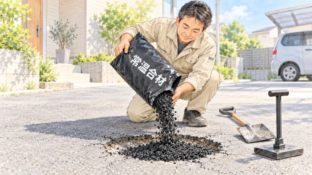 住宅の駐車場で、作業着の男性が、袋の「常温合材」を傾けて、アスファルトの穴に黒い合材を流し込んでいる。横には角スコップとタンパー