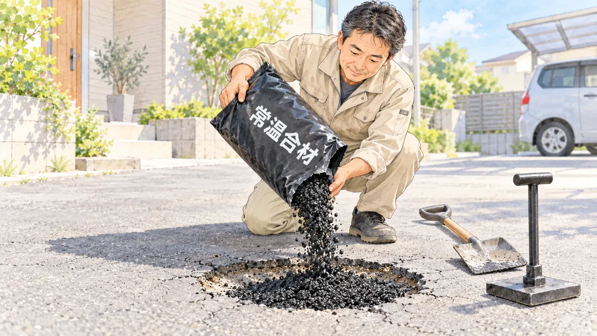 住宅の駐車場で、作業着の男性が、袋の「常温合材」を傾けて、アスファルトの穴に黒い合材を流し込んでいる。横には角スコップとタンパー