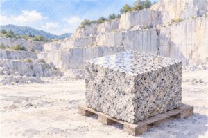 石切場の白い花崗岩の岩壁の前に置かれた、上の面を鏡のように磨いた花崗岩のブロック。白・黒・グレーのごま塩模様が見える水彩画