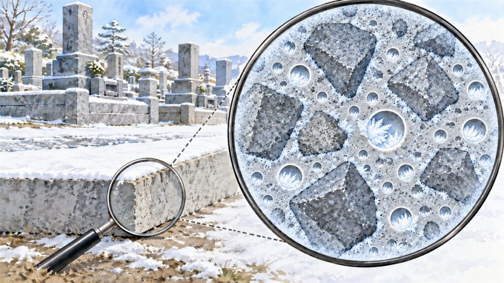 雪の墓地の基礎のコンクリートを拡大すると、すき間の水が凍って霜のような氷になり、その氷のふくらみを細かな気泡が受けとめている様子