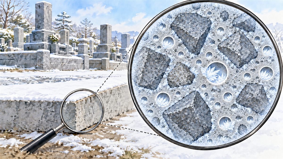 雪の墓地の基礎のコンクリートを拡大すると、すき間の水が凍って霜のような氷になり、その氷のふくらみを細かな気泡が受けとめている様子