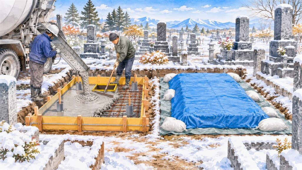 冬の墓地で、お墓の基礎に生コンを流し込む場面と、打設した基礎に保温マットをかけて土のう袋で押さえた場面を並べた水彩イラスト（カロートの下の四角い穴と、水抜きの塩ビ管）
