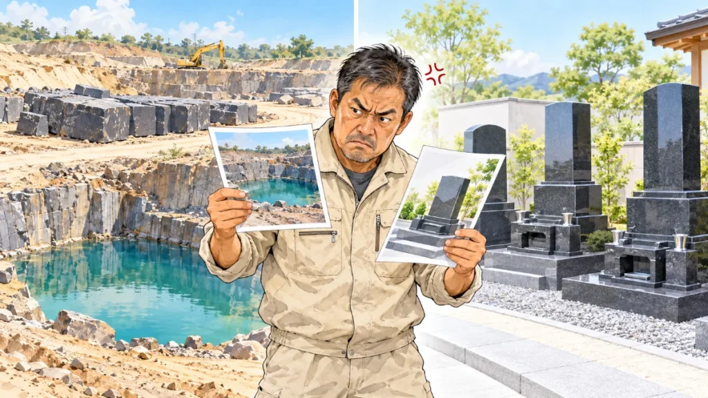 憤慨した石屋さんが、インドの採石場の写真と、日本の墓石の資料を見比べている。左はインドの採石場と水がたまった池、右は日本の墓石展示場