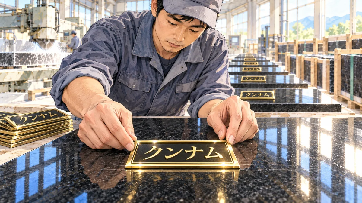 工員が、磨かれた黒い御影石の板に、金縁の「クンナム」の札を貼ろうとしている。奥には、同じ札が貼られた黒い石の板が、ずらりと並んでいる