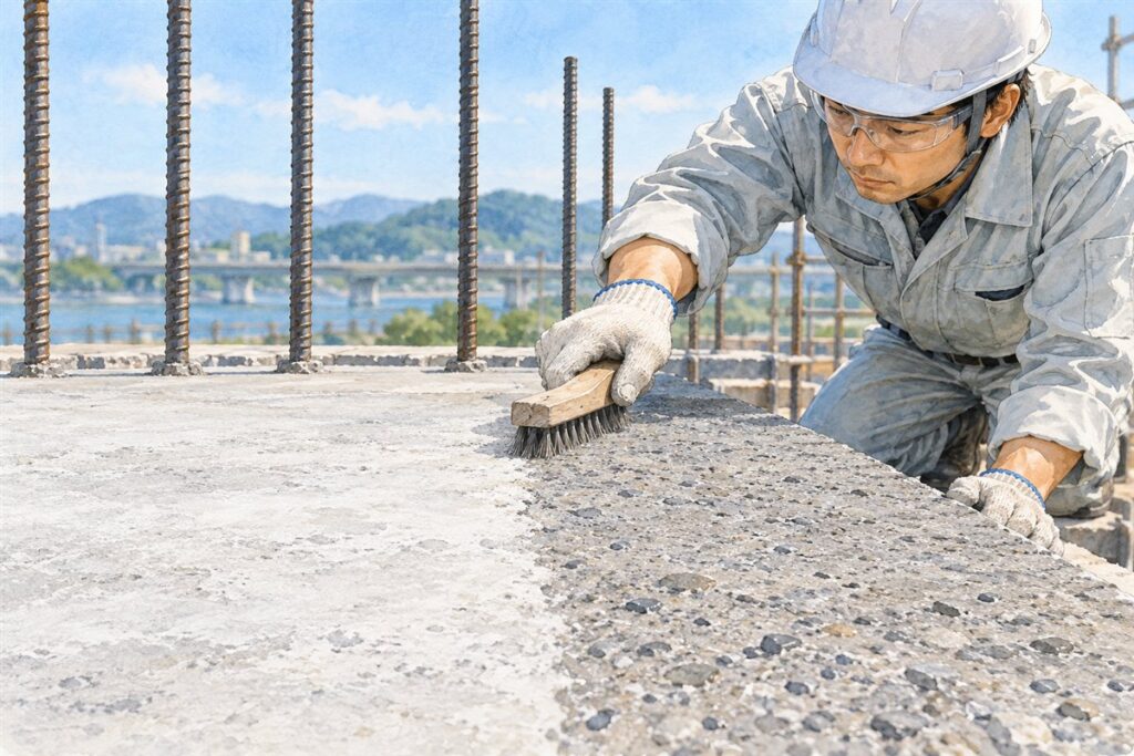 鉄筋が立つコンクリートの打継面を、作業員がワイヤーブラシでこすってレイタンスを取っている水彩画。左は白っぽいレイタンスが残る面、右は砂利が見えるきれいな面