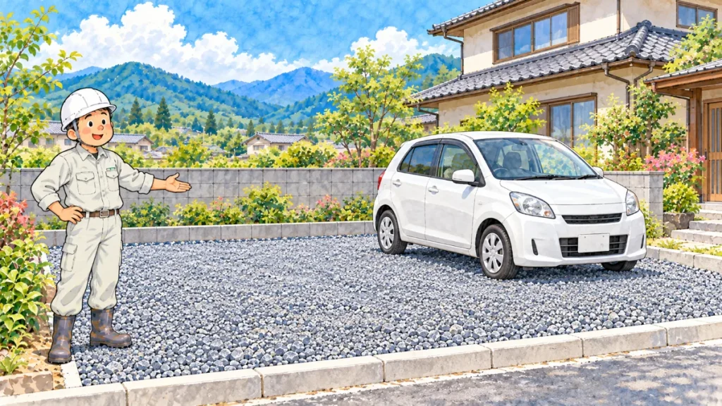 砕石を敷き終えた庭先の駐車場。青みのある灰色の砕石が平らに敷かれ、白い乗用車が停まり、作業員が完成した様子を手で示している