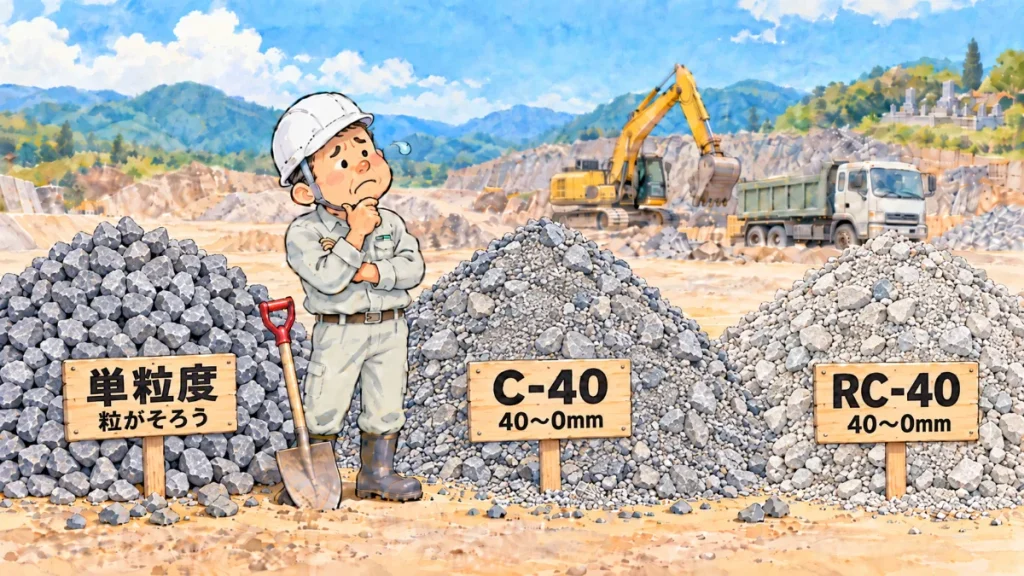 砕石の山（単粒度砕石・C-40・RC-40）の前で、どれを選ぶか悩むヘルメット姿の男性のイラスト。C-40とRC-40は、どちらも40mmから0mmまで