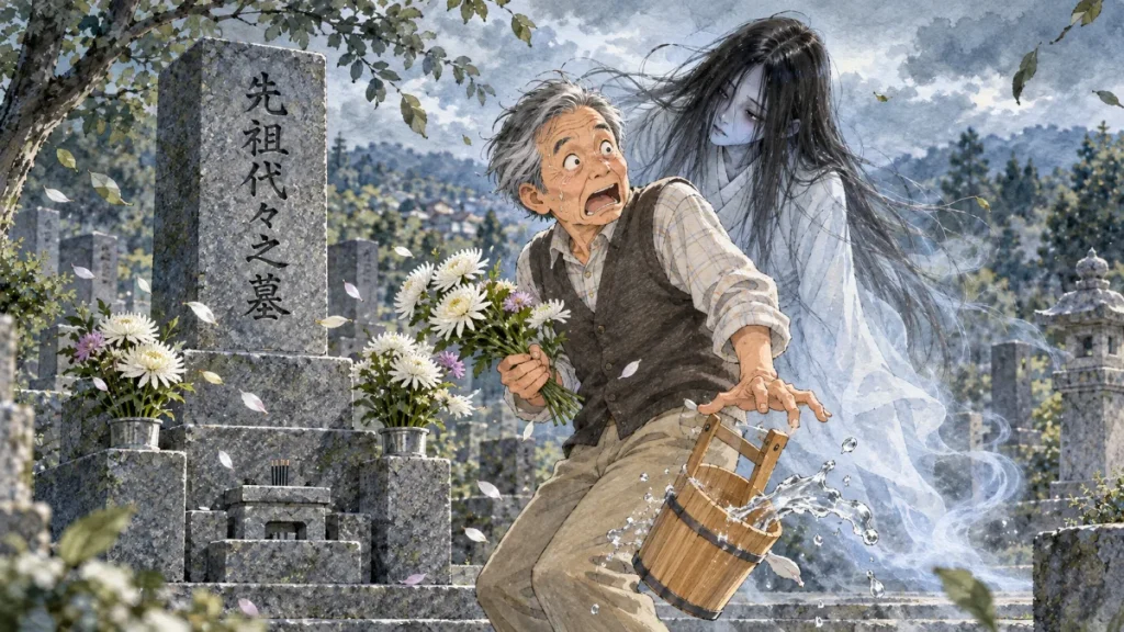 午後のお墓参りで、すぐ後ろに立つ幽霊に気づいて、のけぞって驚く男性のイラスト