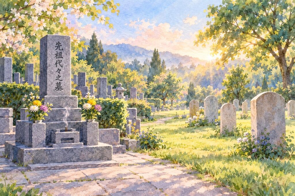 左に「先祖代々之墓」と彫られた日本の和型の墓石、右に芝生に並ぶ西洋の平たい墓石（headstone）を描いた水彩画