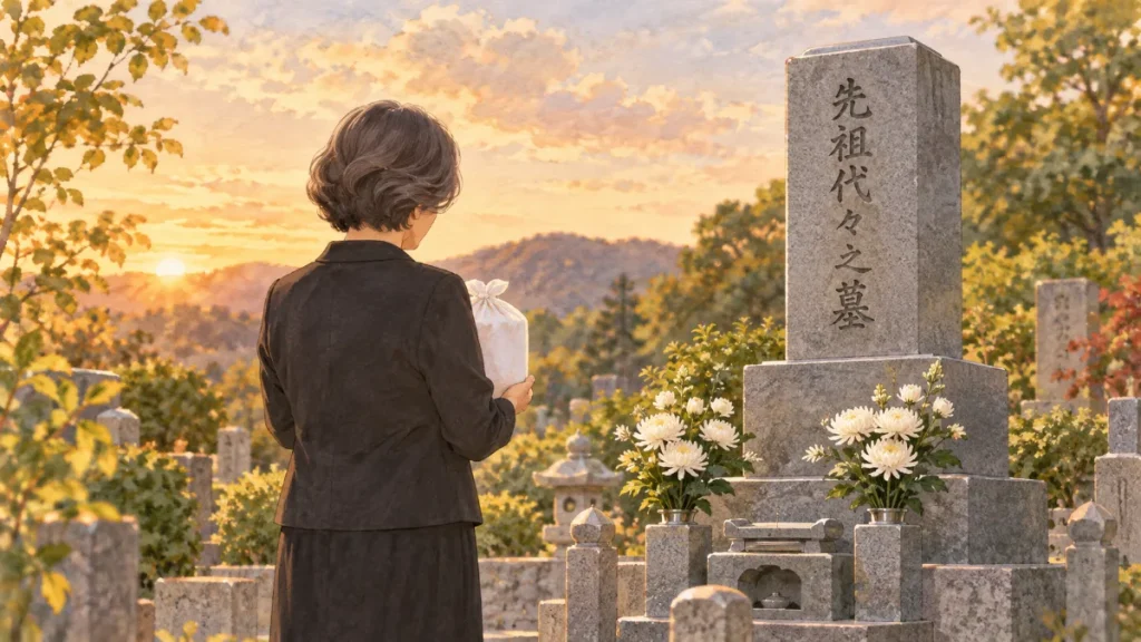 夕方の霊園で、白い布に包んだ骨壺を胸の前に抱え、墓石の前に立つ女性の後ろ姿