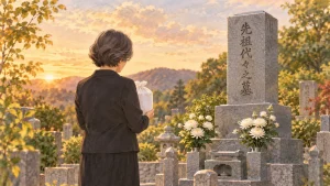 夕方の霊園で、白い布に包んだ骨壺を胸の前に抱え、墓石の前に立つ女性の後ろ姿