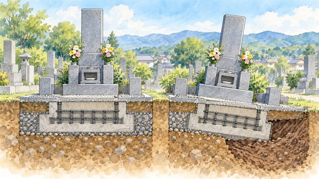 水平な地盤にまっすぐ建つお墓と、軟弱地盤の片側が沈んで基礎ごと傾いたお墓を比べた断面の水彩イラスト