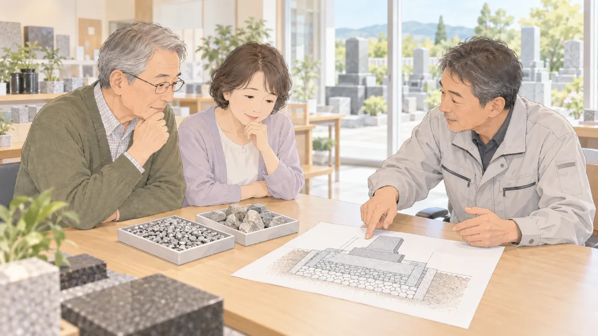 石材店の打ち合わせで、基礎の断面図と砕石・割栗石の見本を前に、職人さんの説明を聞きながら考える夫婦