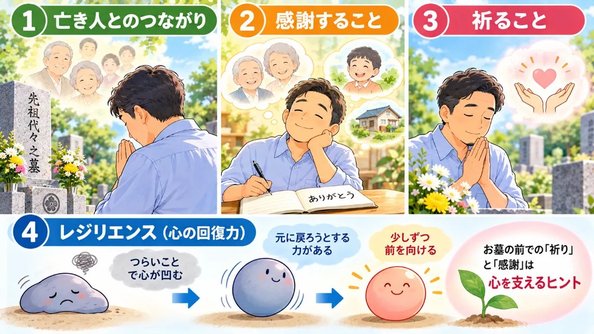 「亡き人とのつながり」「感謝すること」「祈ること」「レジリエンス(心の回復力)」を、四つの絵で表した図。凹んだ心が少しずつ前を向く流れと、心を支えるヒント
