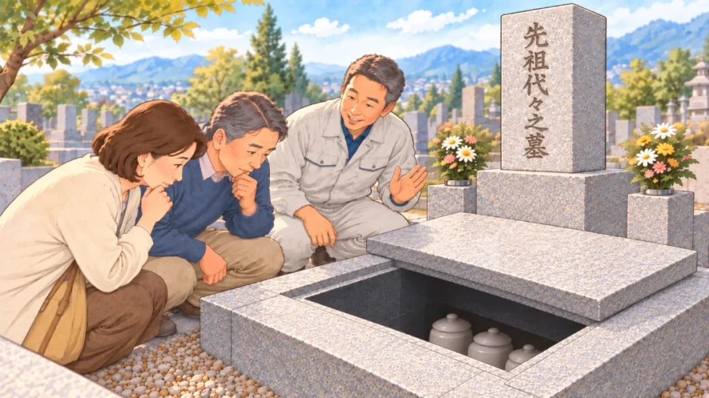 納骨のとき、石のふたを半分ずらした納骨室をのぞき込み、少し困った顔で相談する50代の夫婦と、落ち着いて「大丈夫ですよ」と話す石材店のスタッフ