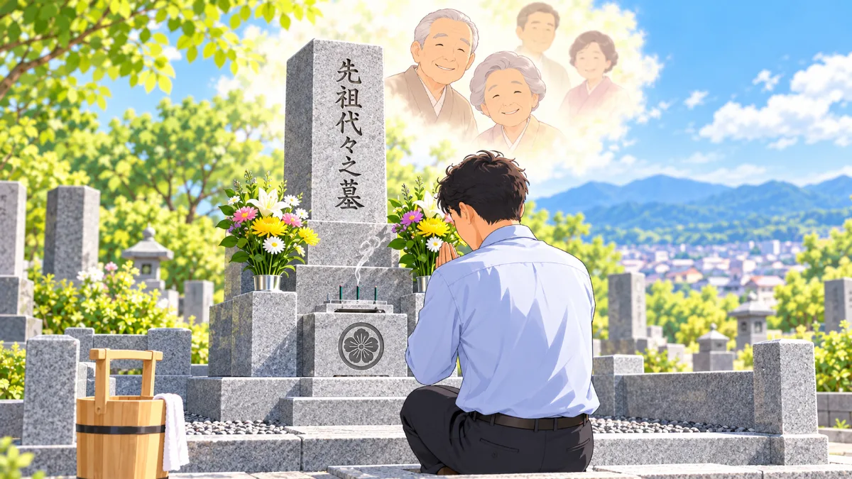墓石の正面に向き合って手を合わせる男性と、笑顔で迎えてくれるご先祖様の姿。明るい霊園で、花と線香が供えられている