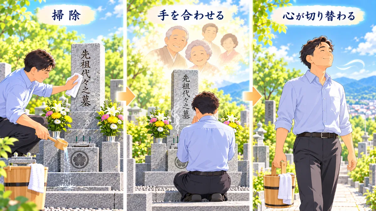 「掃除」「手を合わせる」「心が切り替わる」の三つの場面。墓石を洗う男性、墓前で手を合わせる男性とご先祖様、穏やかに歩く男性