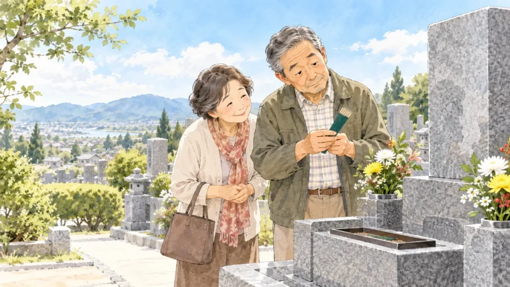お墓の前でお線香を手にし、横長の香炉を前に右と左のどちらに向けるか迷う夫婦